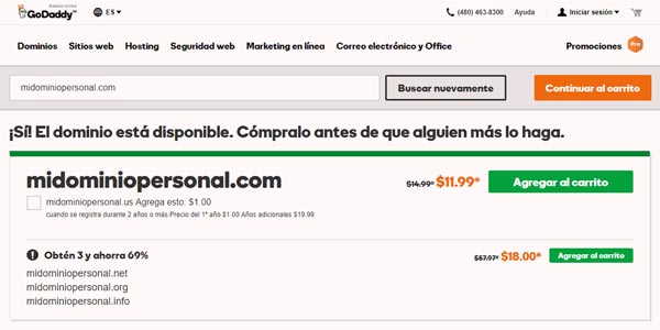 Comprar un dominio GoDaddy elegir dominio