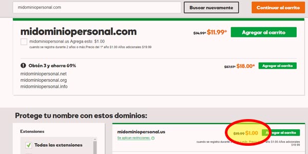 registrar un dominio en internet godaddy