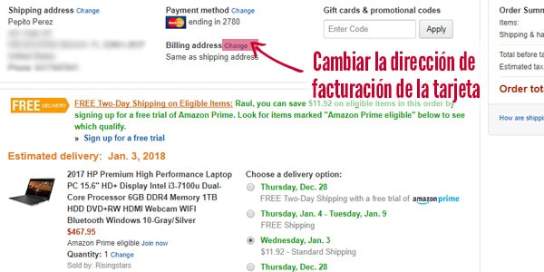 amazon cambiar la direccion de facturacion de envio