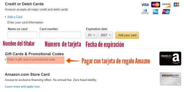 formas de pagar en amazon tarjeta de credito gift card