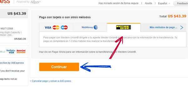 pagar en AliExpress con Western Union metodo de pago