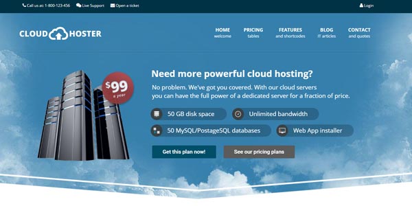 Plantillas WordPress para web hosting: Cloud Hoster