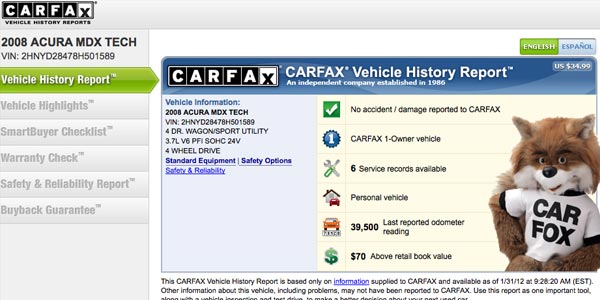 Información que muestra carfax historial reporte vehiculos