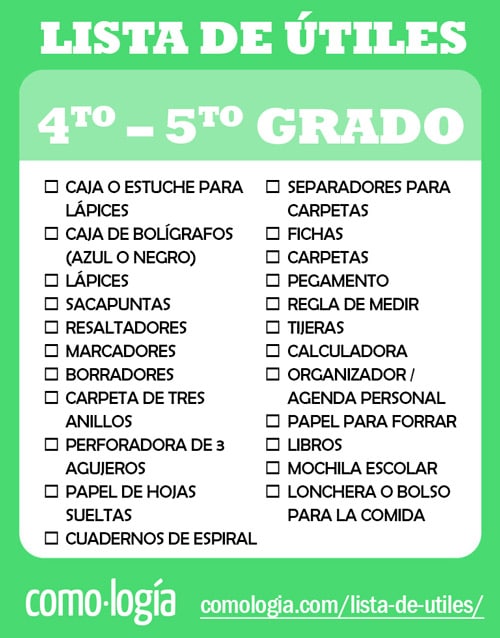 lista de utiles escolares cuarto quinto grado