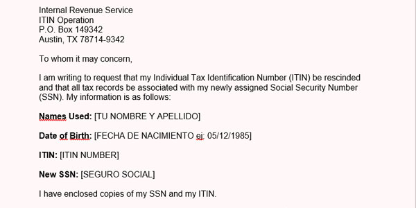 carta de renuncia itin a social security irs