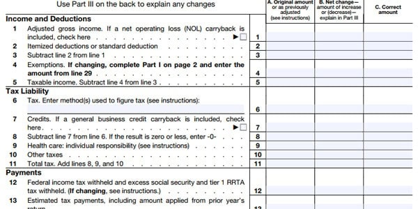 1040X Income and Deductions Tax Liability y Payments