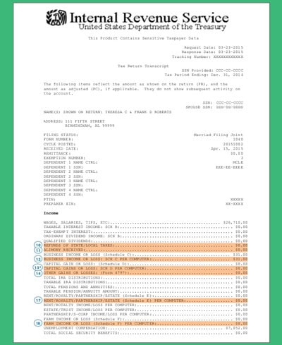 ejemplo transcripción de impuestos IRS