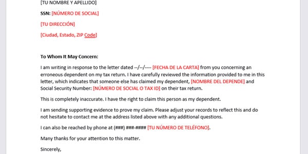 Ejemplo carta IRS alguien reclamo tu depende