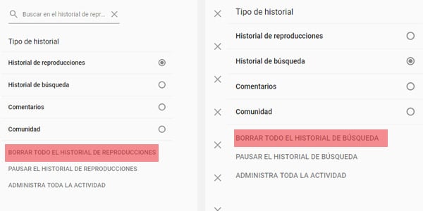 borrar historial de busquedas video youtube